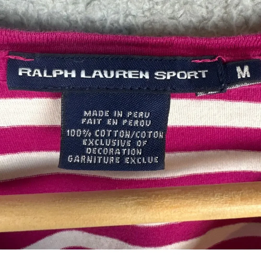 Ralph Lauren Sport Women's Striped V-Neck Top Pink White Size M Minimalist